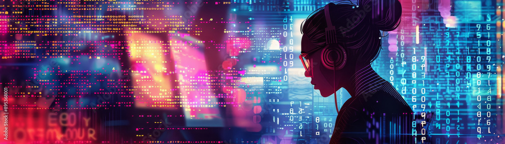 A woman with headphones is focused on coding in front of a screen full of glowing digital code, representing the modern world of technology. A woman with headphones is focused on coding in front of a screen full of glowing digital code, representing the modern world of technology.
