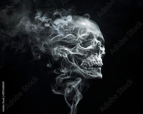 Illustration of a skull formed by the silhouette of smoke from a cigarette representing the damage it can cause you, tell about awareness about lung cancer