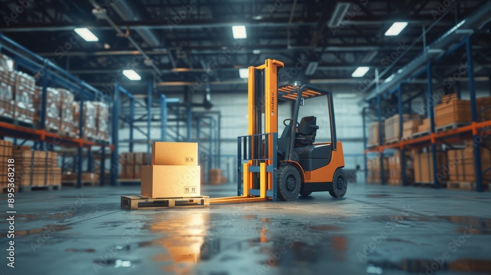 A yellow forklift is moving boxes in a large warehouse, symbolizing efficiency, logistics, supply chain management, transportation, and industrial work. A yellow forklift is moving boxes in a large warehouse, symbolizing efficiency, logistics, supply chain management, transportation, and industrial work.