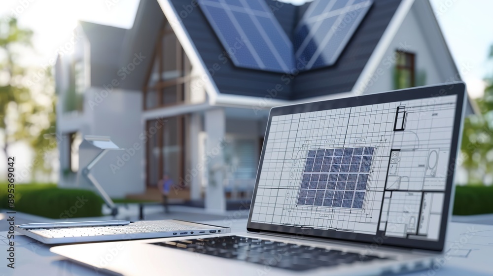 Fototapeta premium Solar Panel with Laptop Displaying House Technical Drawing