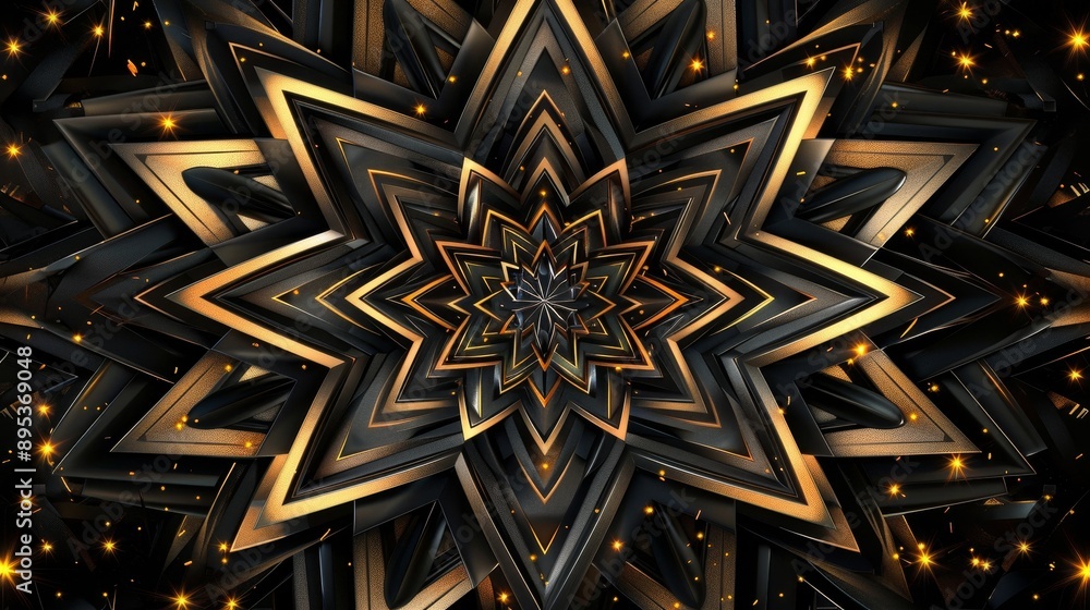 An intricate geometric design featuring a starburst pattern, symbolizing harmony, balance, perfection, and the universe. The black and gold colors represent luxury, elegance, and power. An intricate geometric design featuring a starburst pattern, symbolizing harmony, balance, perfection, and the universe. The black and gold colors represent luxury, elegance, and power.