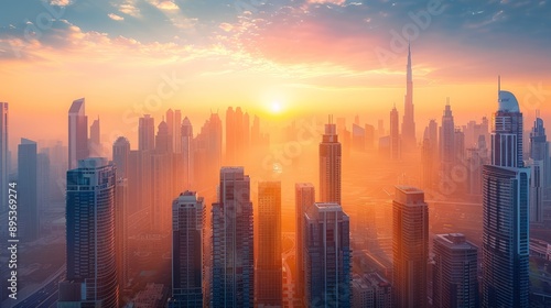 Sunrise over a modern city skyline with tall buildings photo