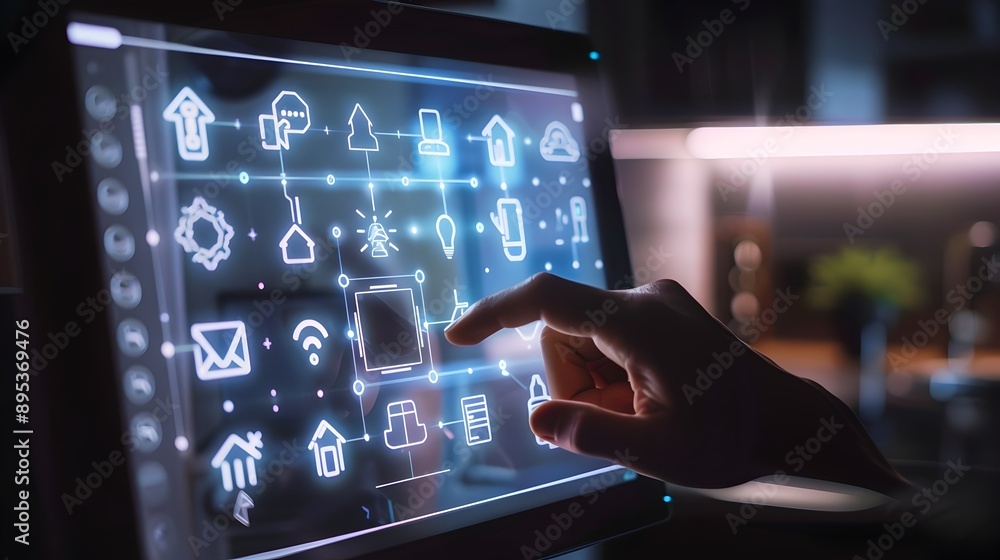 Touchscreen Interface for Smart Home Controls with Mesh Line Icons Touchscreen Interface for Smart Home Controls with Mesh Line Icons