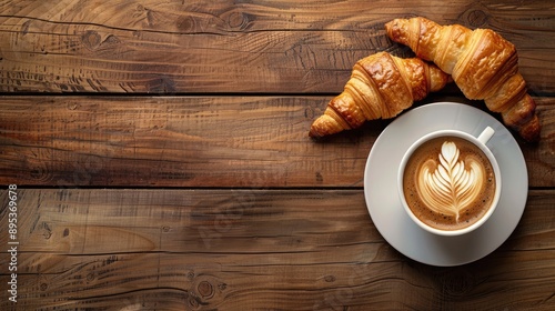 Hot coffee and croissants on a wooden table. Breakfast with fresh pastry and coffee. Blank space.