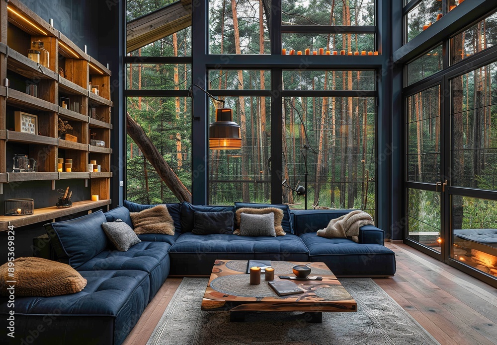 Cozy Scandinavian Living Room with Dark Blue Tones and Winter Forest View Cozy Scandinavian Living Room with Dark Blue Tones and Winter Forest View