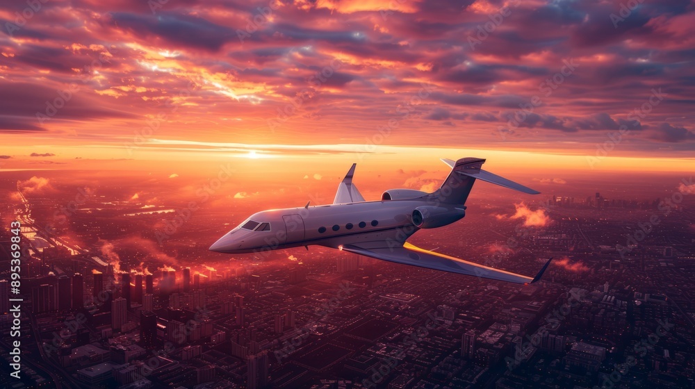 Private jet flying over a city during a vibrant sunset Private jet flying over a city during a vibrant sunset