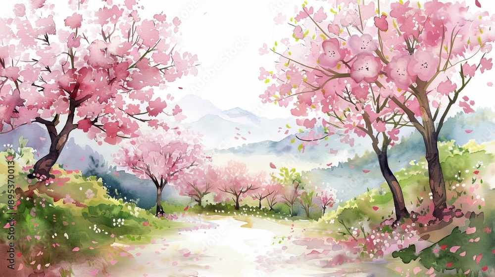 Fototapeta premium A calming watercolor landscape featuring cherry blossom