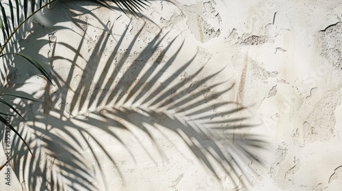 Palm leaf shadow on rough white concrete wall, neutral tropical abstract background. photo