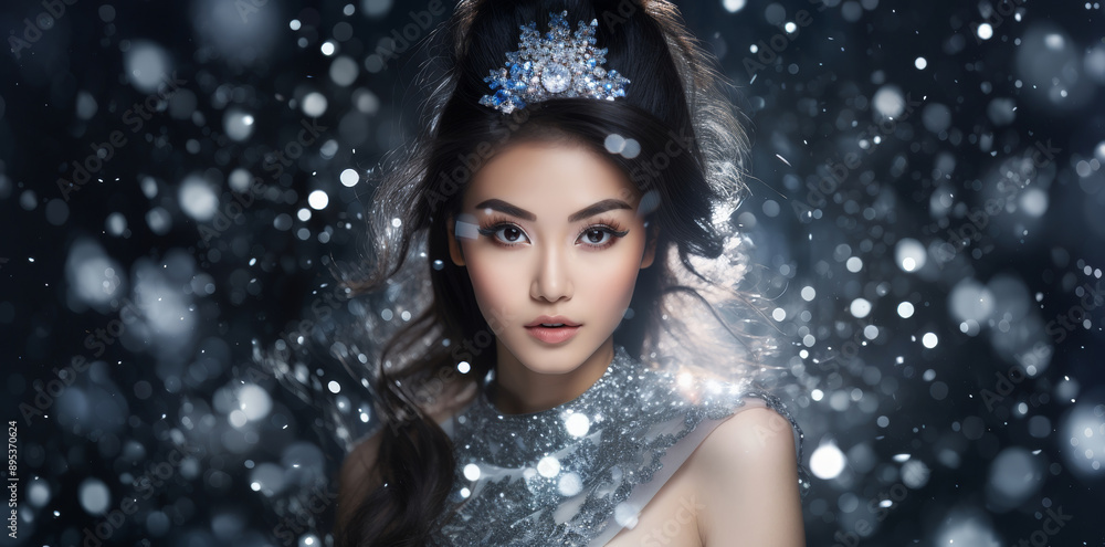 Beautiful cute sexy young asian woman with high gloss silver glittering dress, in glitter ice snow fantasy, celebrity and luxury premium style on silvery shiny sparkling dark blue background. Beautiful cute sexy young asian woman with high gloss silver glittering dress, in glitter ice snow fantasy, celebrity and luxury premium style on silvery shiny sparkling dark blue background.