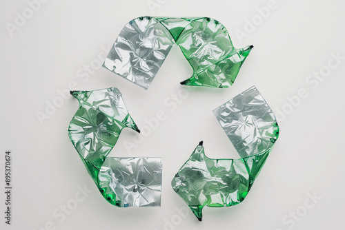 a recycling symbol made from crushed green plastic bottles arranged on a white background.