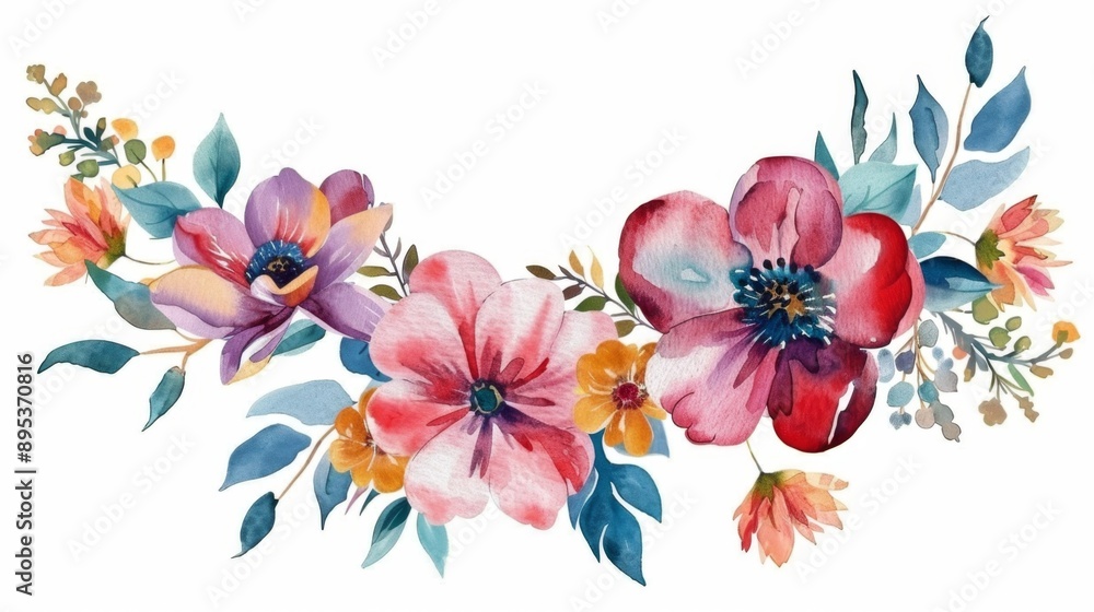 watercolor wreath with spring flowers on white background and space for text watercolor wreath with spring flowers on white background and space for text