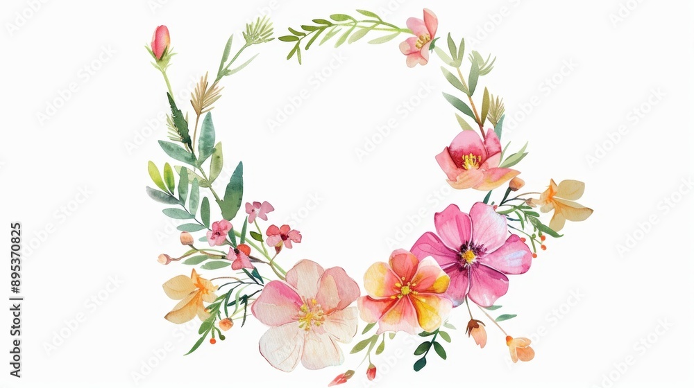 Fototapeta premium watercolor wreath with spring flowers on white background and space for text