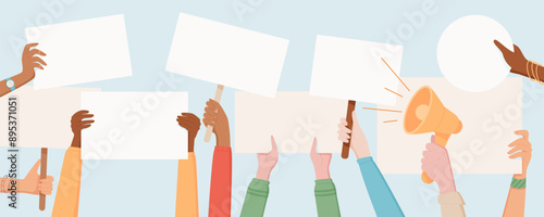 Many hands proudly hold protest square and round signs, demonstrating community strength. People in the crowd show support by holding up placards. This gathering highlights their powerful voices.