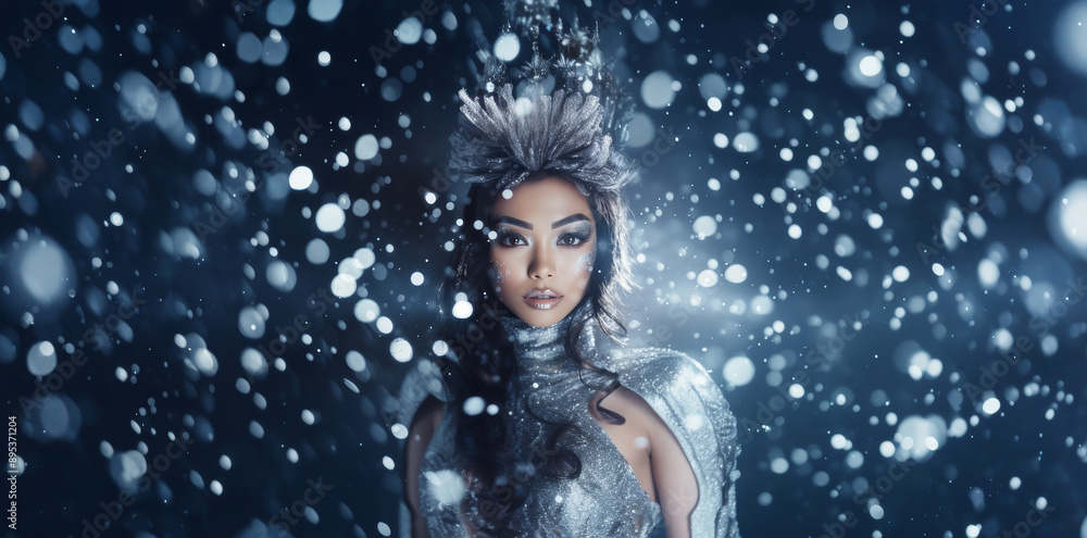 Beautiful cute sexy young asian woman with poured high gloss silver glittering make-up, in glitter fantasy dress, celebrity, luxury premium style on silvery shiny sparkling dark blue background. Beautiful cute sexy young asian woman with poured high gloss silver glittering make-up, in glitter fantasy dress, celebrity, luxury premium style on silvery shiny sparkling dark blue background.