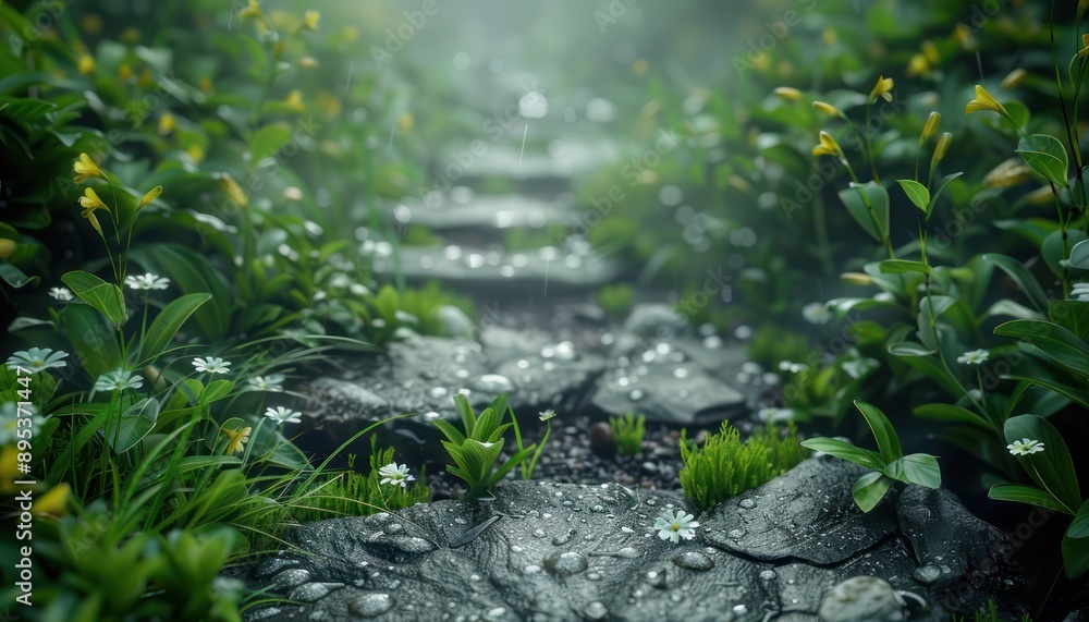 A Stone Footpath Through a Lush, Verdant Forest Ecosystem, Sunlight Filtering Through the Canopy, Creating a Serene and Tranquil Atmosphere A Pathway of Stone Leading Through a Fresh, Vibrant Forest