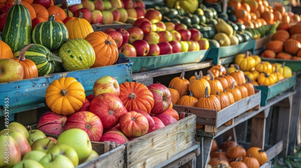 A variety of pumpkins, apples, and squash are displayed for sale at a local market. The fruits and vegetables are arranged in wooden crates on wooden shelves, creating a vibrant and colorful display. A variety of pumpkins, apples, and squash are displayed for sale at a local market. The fruits and vegetables are arranged in wooden crates on wooden shelves, creating a vibrant and colorful display.