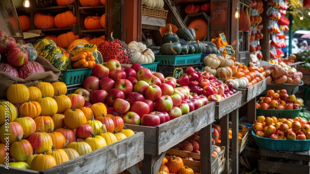 A vibrant display of fresh autumn produce at a local market. The market stalls are overflowing with a variety of fruits and vegetables, including apples, pumpkins, gourds, and squash. The colors are r A vibrant display of fresh autumn produce at a local market. The market stalls are overflowing with a variety of fruits and vegetables, including apples, pumpkins, gourds, and squash. The colors are r