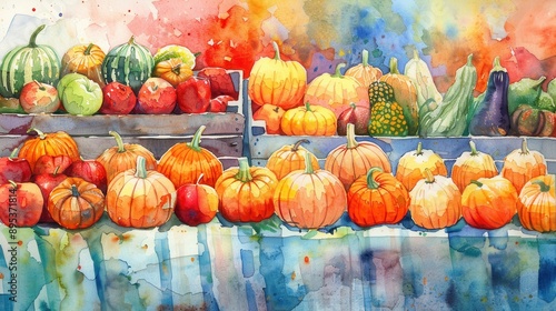 A watercolor painting depicts a collection of pumpkins, apples, and squash arranged on a wooden table, surrounded by a colorful background. The pumpkins are arranged in two rows, with the larger pumpk photo