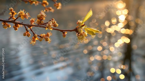 Fototapeta Naklejka Na Ścianę i Meble -  Blossoming hazel branch reflecting sunlight on lake surface with blurred backdrop