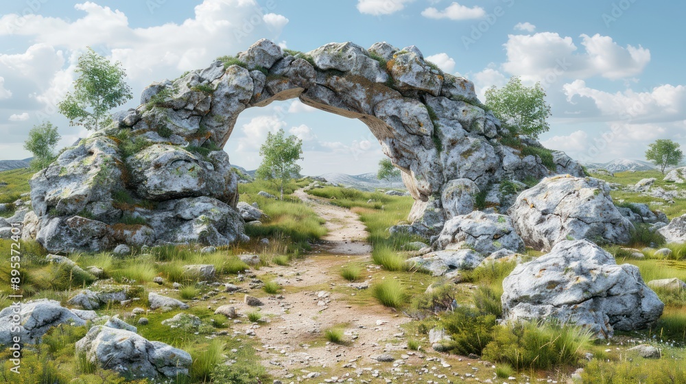 Stunning Natural Stone Archway Over Scenic Path in Meadow Landscape, Explore the Beauty of Nature's Wonders, Hiking Trail Through Rock Formation Stunning Natural Stone Archway Over Scenic Path in Meadow Landscape, Explore the Beauty of Nature's Wonders, Hiking Trail Through Rock Formation