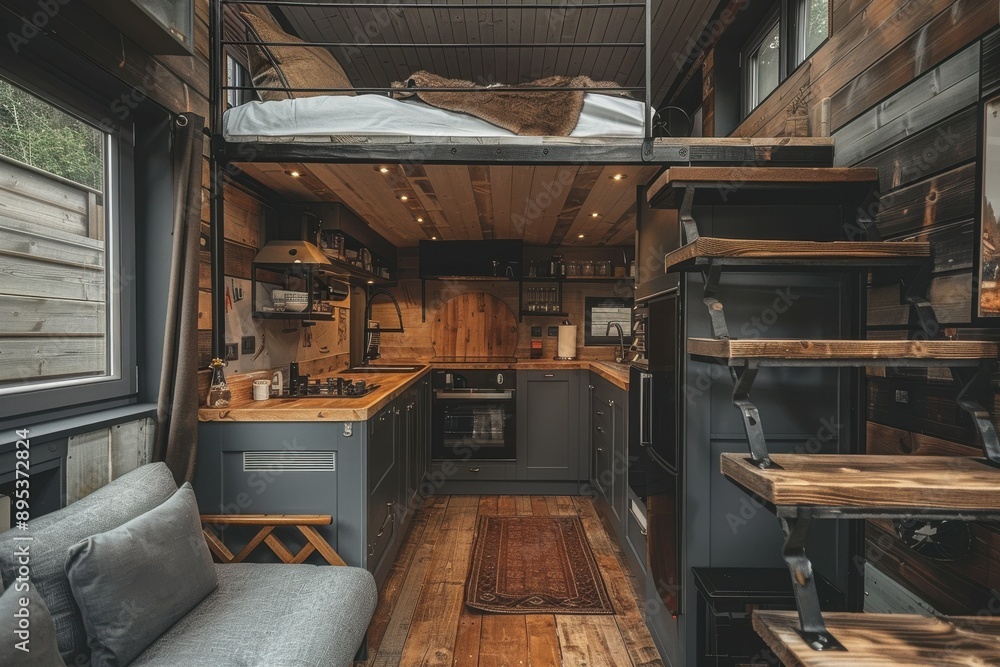A small apartment with a blue couch, a bed, and a kitchen A small apartment with a blue couch, a bed, and a kitchen