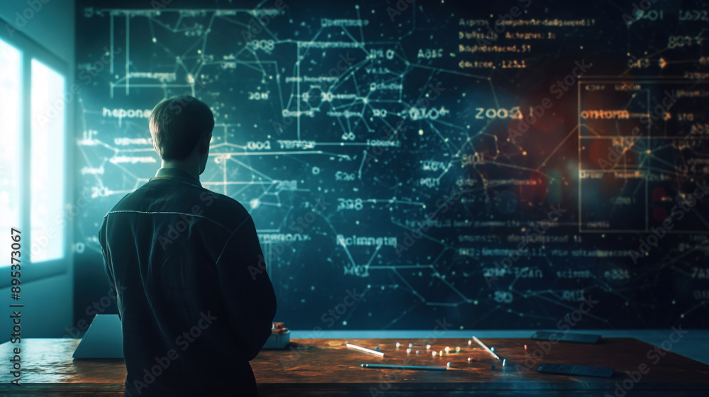 a young scientist is looking at a blackboard on which various mathematical and chemical formulas are written. a young scientist is looking at a blackboard on which various mathematical and chemical formulas are written.