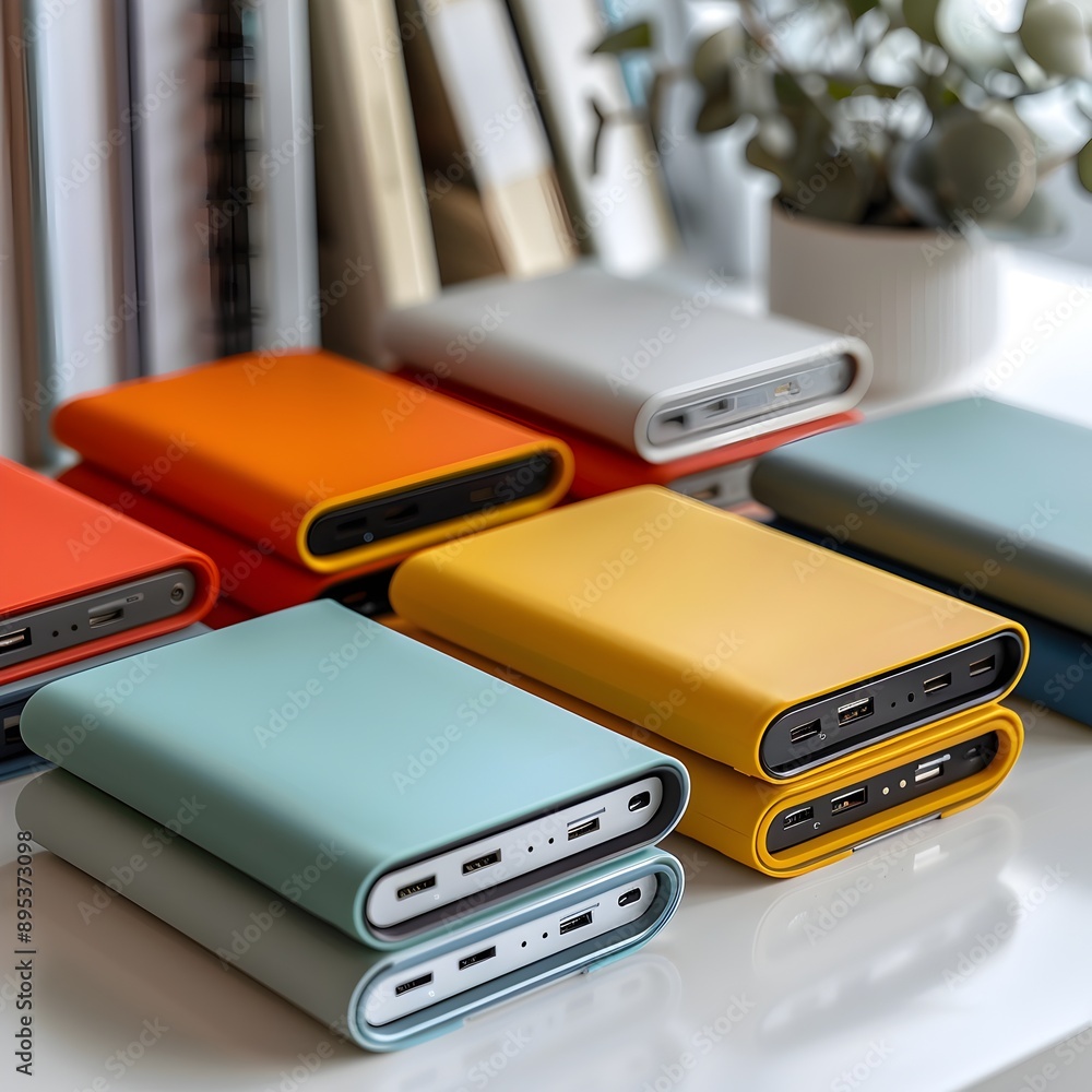 Portable Hard Drives Neatly Organized on a White Table Showcasing Storage Capacities Portable Hard Drives Neatly Organized on a White Table Showcasing Storage Capacities