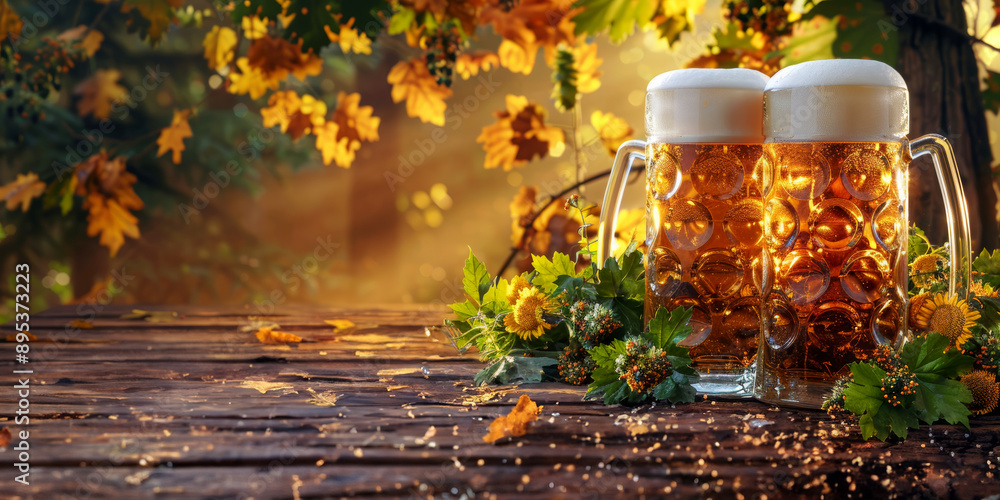 Beer mug on a wooden table with fresh hop cones and sunlight, representing craft beer culture. Beer mug on a wooden table with fresh hop cones and sunlight, representing craft beer culture.