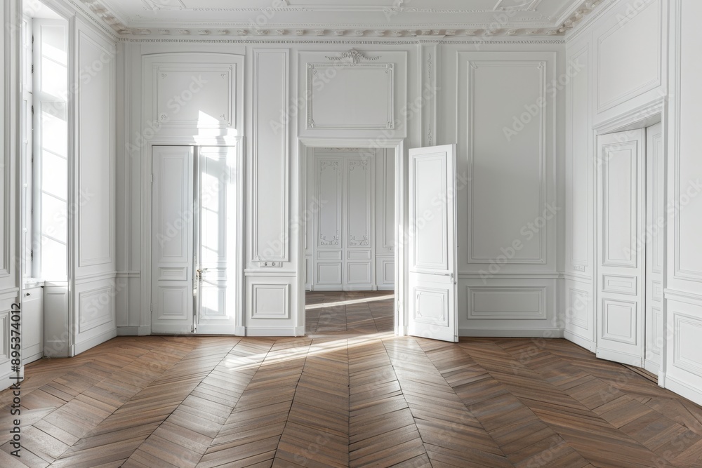 Fototapeta premium Luxury classic white interior with wooden floor.