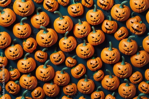 Spooky orange pumpkins with carved faces fill autumn vector background seamless patterns