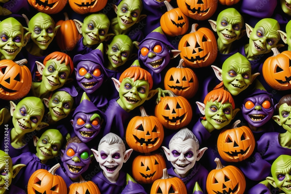 Happy Halloween seamless vector pattern with funny smiley faces icons and spooky elements Happy Halloween seamless vector pattern with funny smiley faces icons and spooky elements