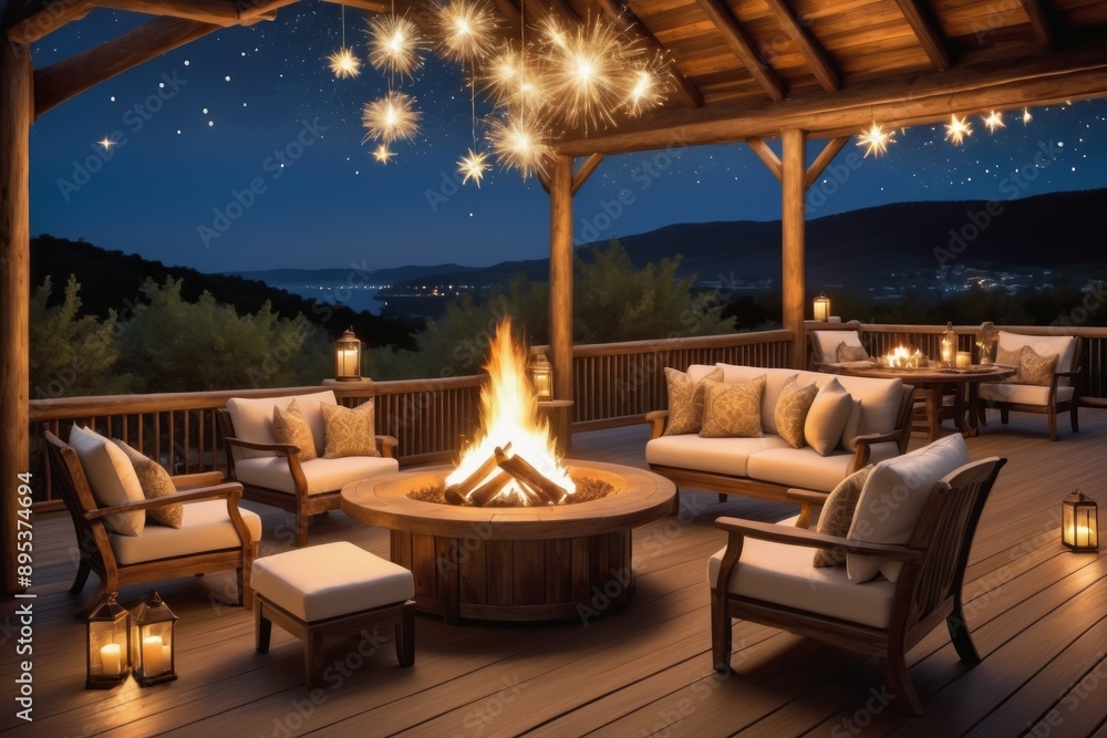 Romantic wooden tables and chairs patio offer dining with stunning views at summer Romantic wooden tables and chairs patio offer dining with stunning views at summer