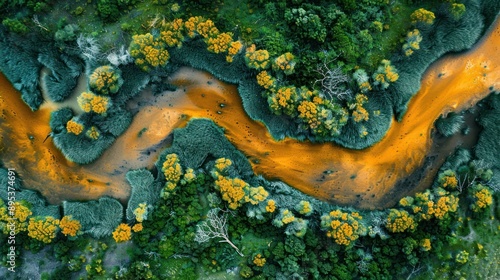Blue and green moss-covered rocks by a blue and yellow river in a lush green forest with summer leaves and a touch of autumn