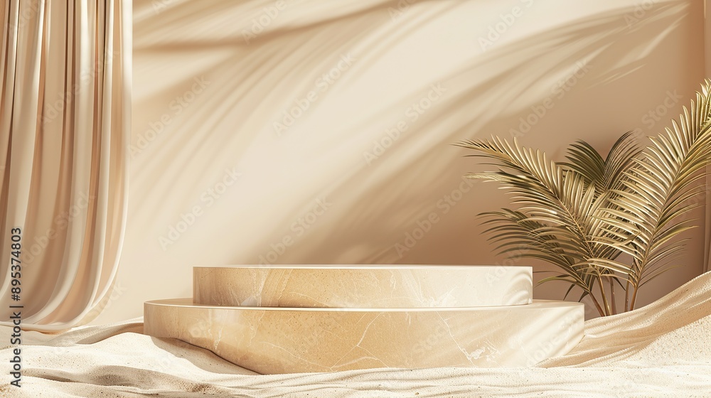 Beige marble steps podium on sands with palm leaves, and curtain Beige marble steps podium on sands with palm leaves, and curtain