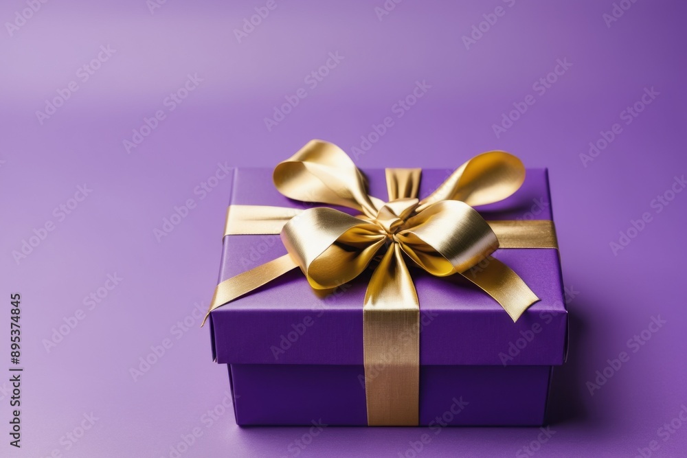 Purple gift box with gold satin ribbon isolated on solid purple background Purple gift box with gold satin ribbon isolated on solid purple background