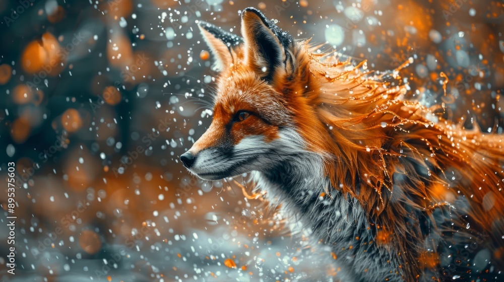 Abstract Fox in a winter forest with snowflakes falling Abstract Fox in a winter forest with snowflakes falling
