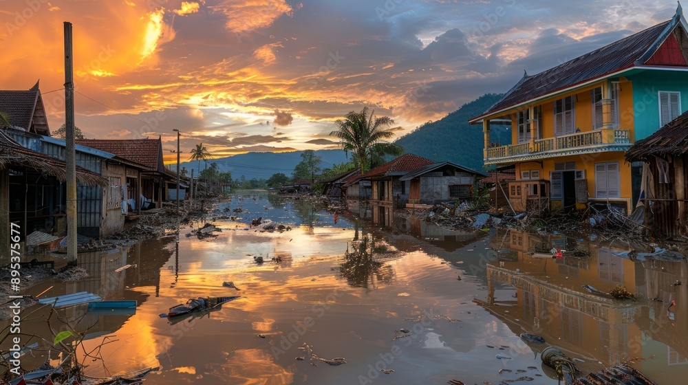 Fototapeta premium Flooded street in a village after heavy rain