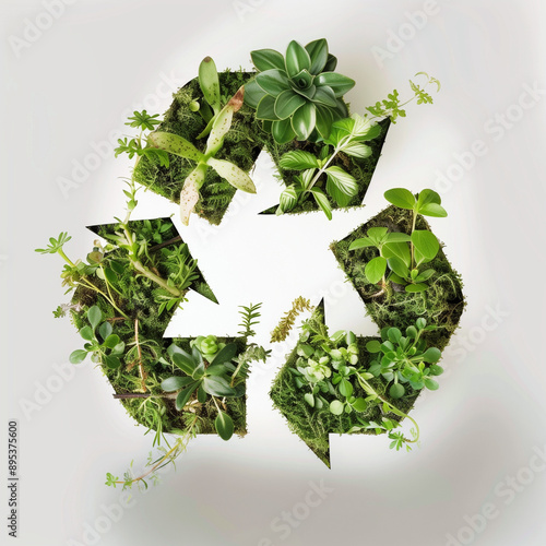 a recycling symbol made from various green plants and foliage arranged on a white background.