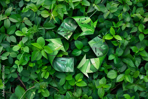 a recycling symbol made from green plants and leaves set against a lush background of green foliage.