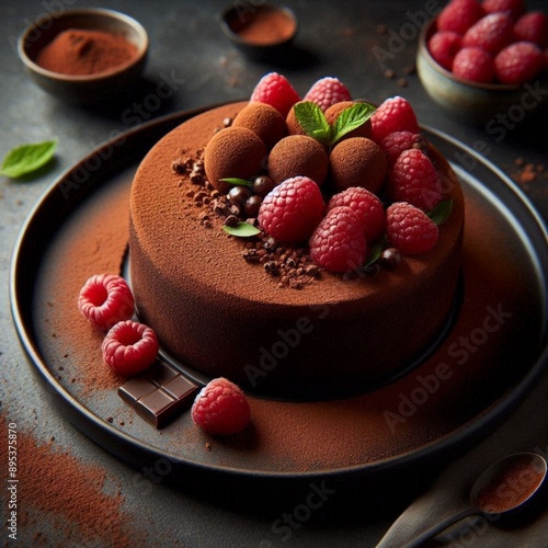 Torta doce de chocolate com morangos picados em cima e chocolate quebrado e em pedaços e folhinhas verde photo