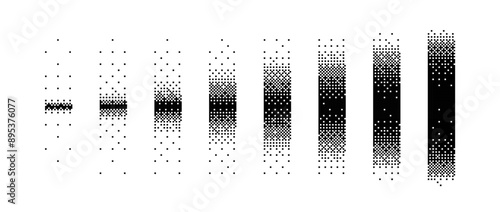 Halftone vertical gradient border set. Black long dotted separate or divider collection. Pixelated rectangle decoration element for banner, poster, advertisement, card, cover. Vector