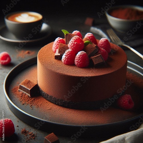 Torta doce de chocolate com morangos picados em cima e chocolate quebrado e em pedaços e folhinhas verde photo