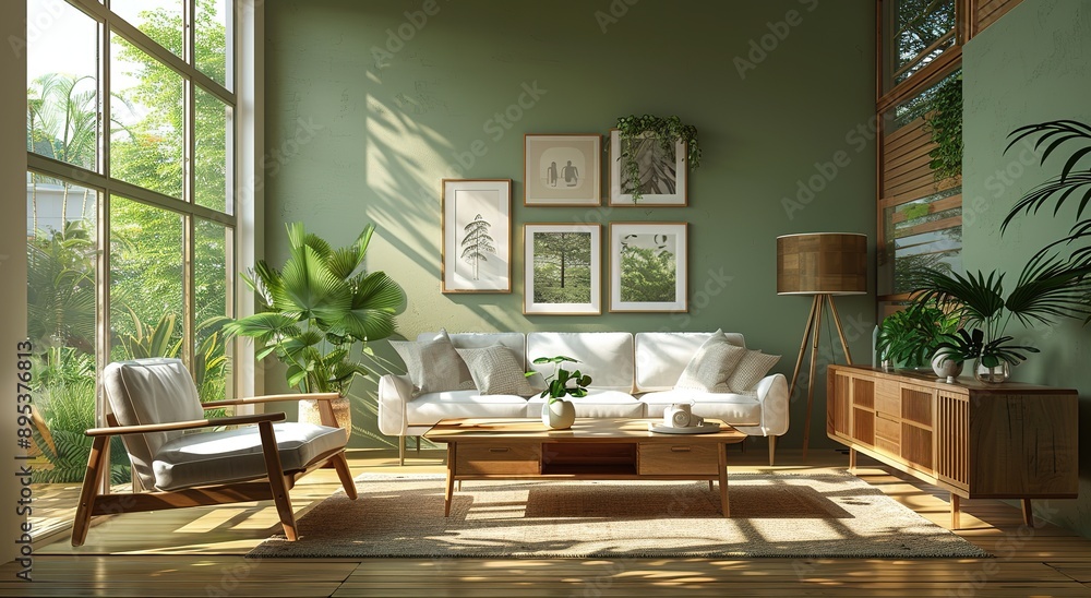 Obraz premium Elegant Mid-Century Modern Living Room with Light Green Walls and Wooden Furniture