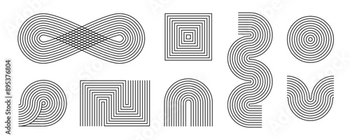 Black linear boho style arch and wave set. Mid century curve shapes collection. Decorative line arc elements for graphic design template, poster, banner, cover. Vector wavy zigzag and endless forms
