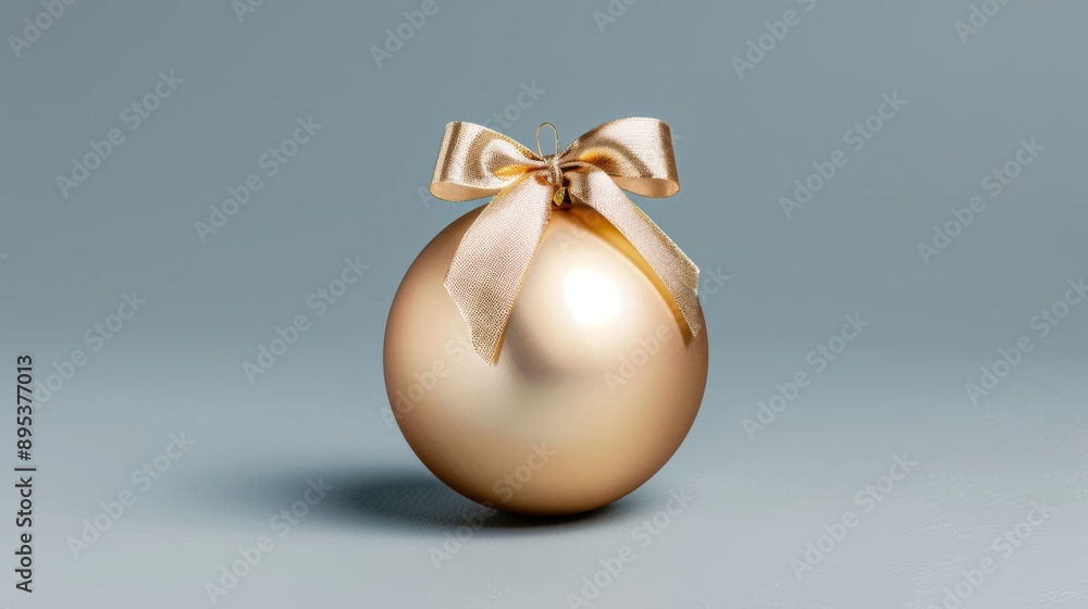 A gold ornament with a bow is sitting on a blue background A gold ornament with a bow is sitting on a blue background