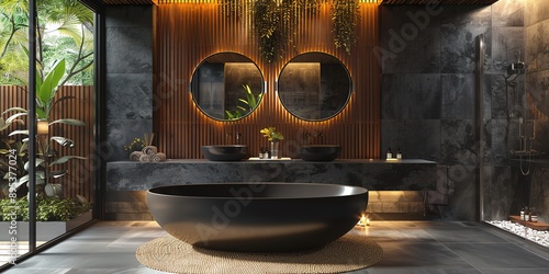 Tranquil Modern Bathroom with Black Bathtub and Wooden Accents