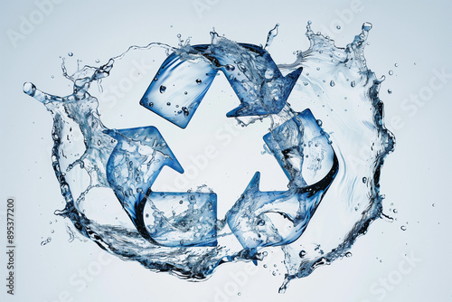a recycling symbol made from water splashes, creating a dynamic and fluid appearance.