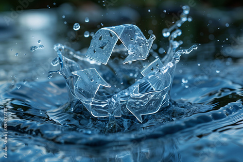a recycling symbol made from water splashes, appearing to emerge from the water's surface.