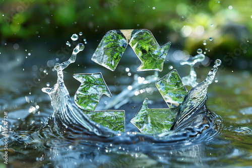 a recycling symbol made from water splashes, with green foliage textures integrated into the symbol