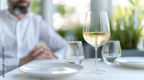A man sits at a table with a wine glass and two water glasses © Whitefeather